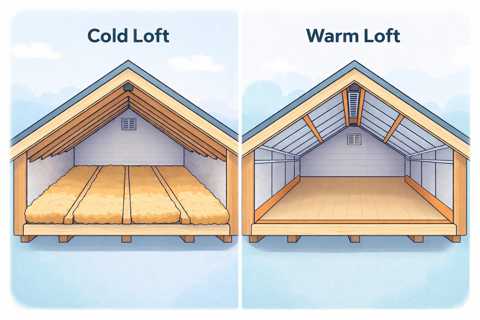 Cross-section comparison of mineral wool vs multifoil loft insulation showing different installation methods and thermal barriers.