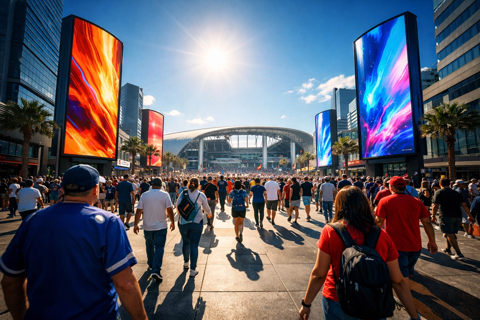 Digital billboards and sports fans walking through an urban plaza toward a massive stadium.