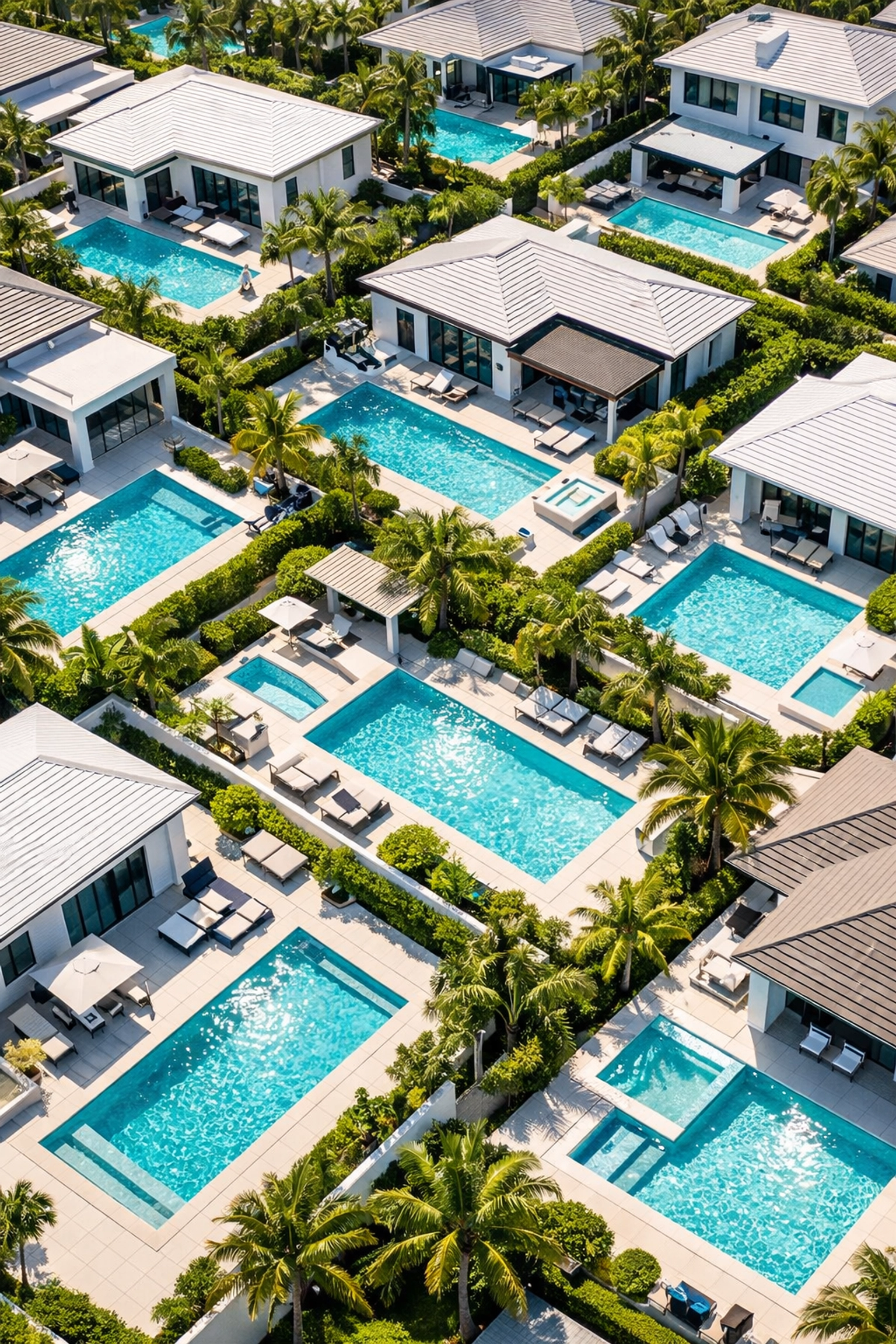 Aerial view of a high-density Florida residential neighborhood with numerous backyard swimming pools.