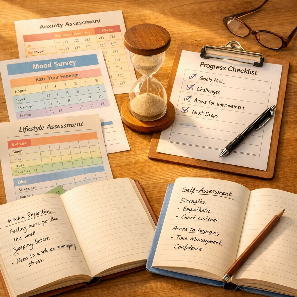 ADHD testing assessment tools and questionnaires on desk for psychological evaluation