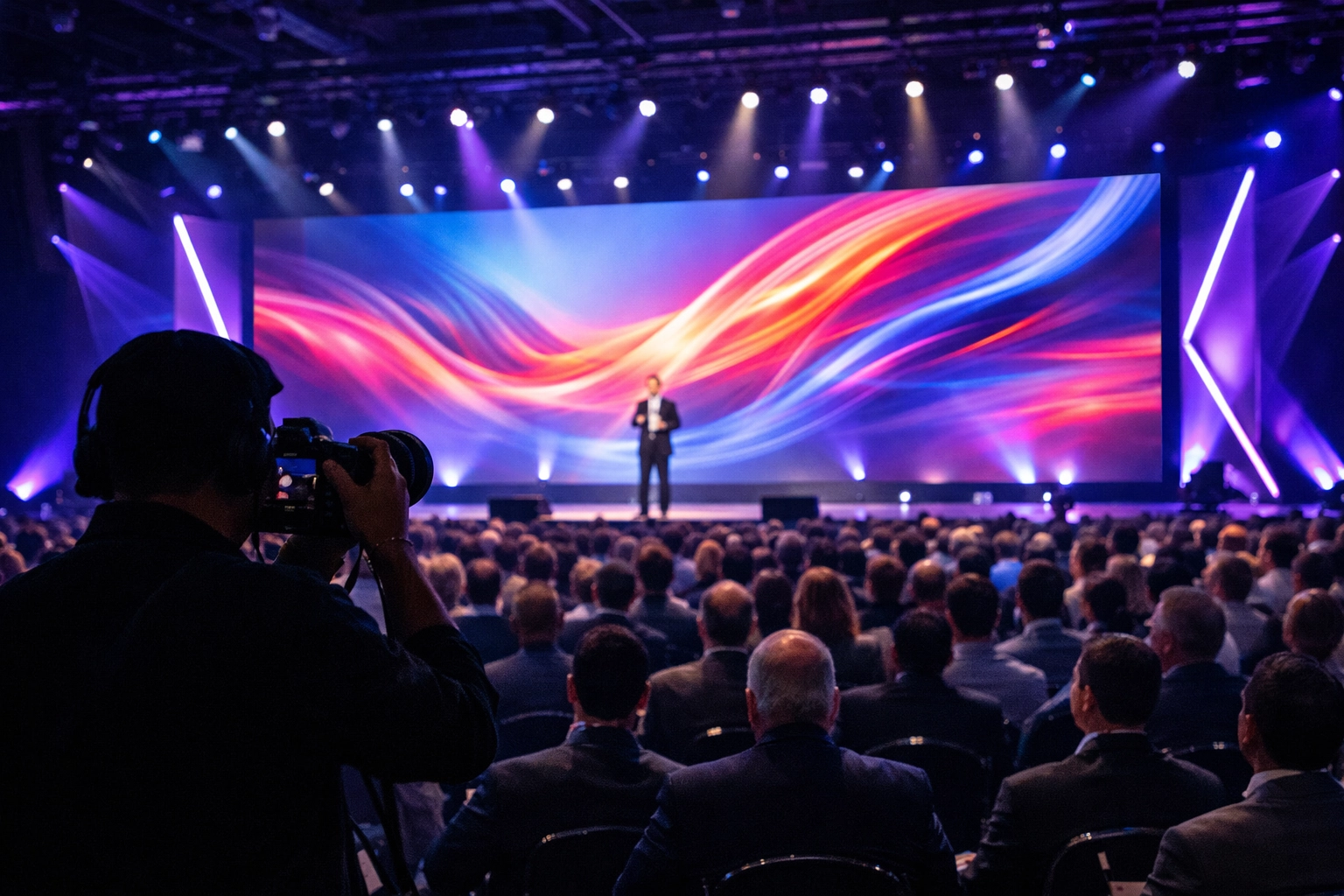 A corporate event photographer miami capturing a keynote speech at a major professional conference summit.
