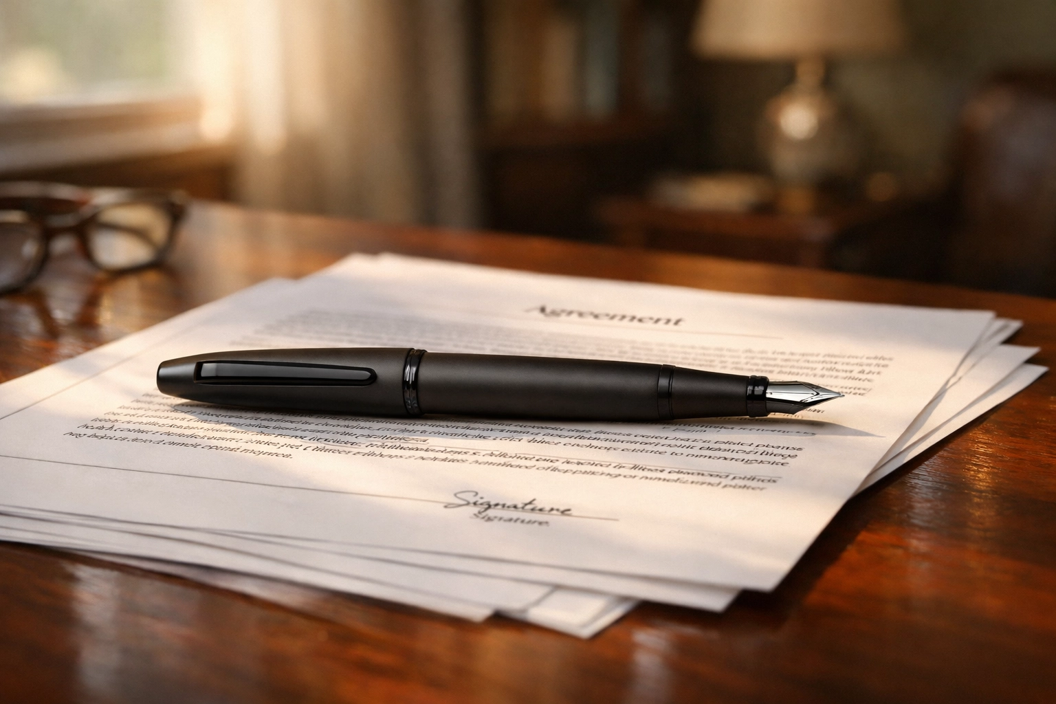 A sleek fountain pen on legal papers in a cozy home office, highlighting mobile notary convenience in Philadelphia.