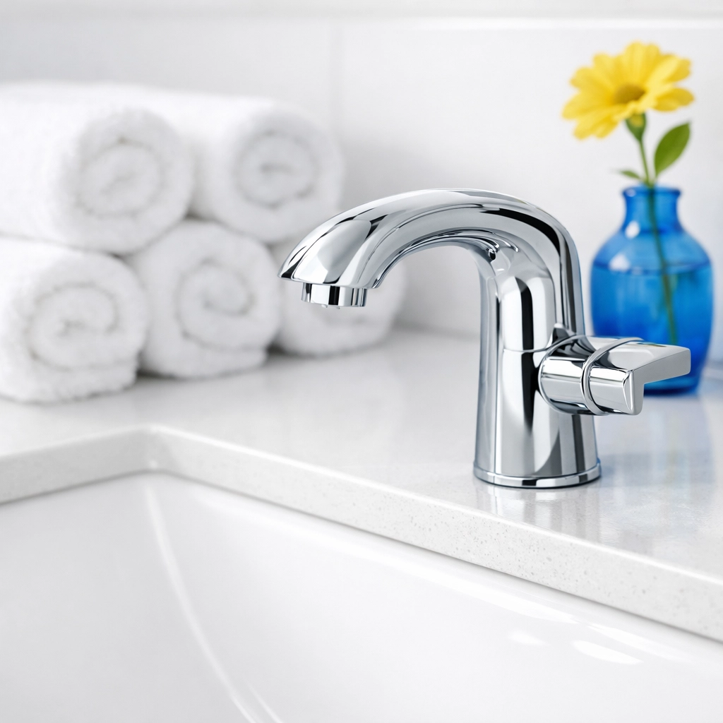 Professional house cleaning Westford and Lincoln detailed sanitization of a luxury bathroom vanity.