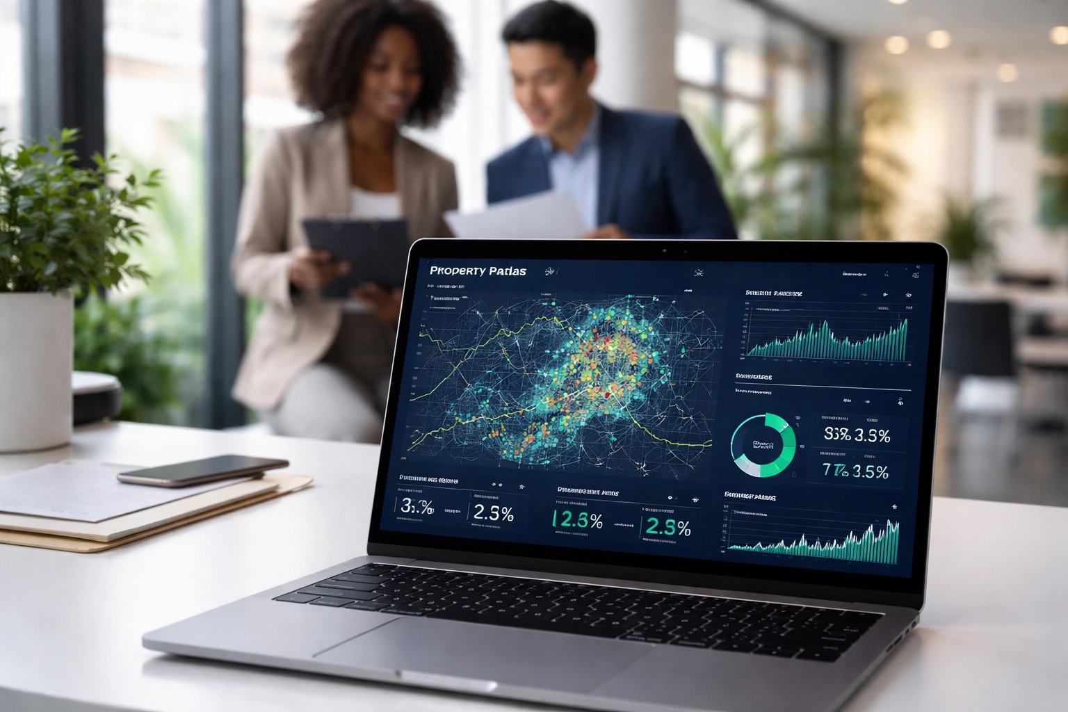 Laptop displaying property data visualisations with two professionals, highlighting AI in UK property investing strategies.
