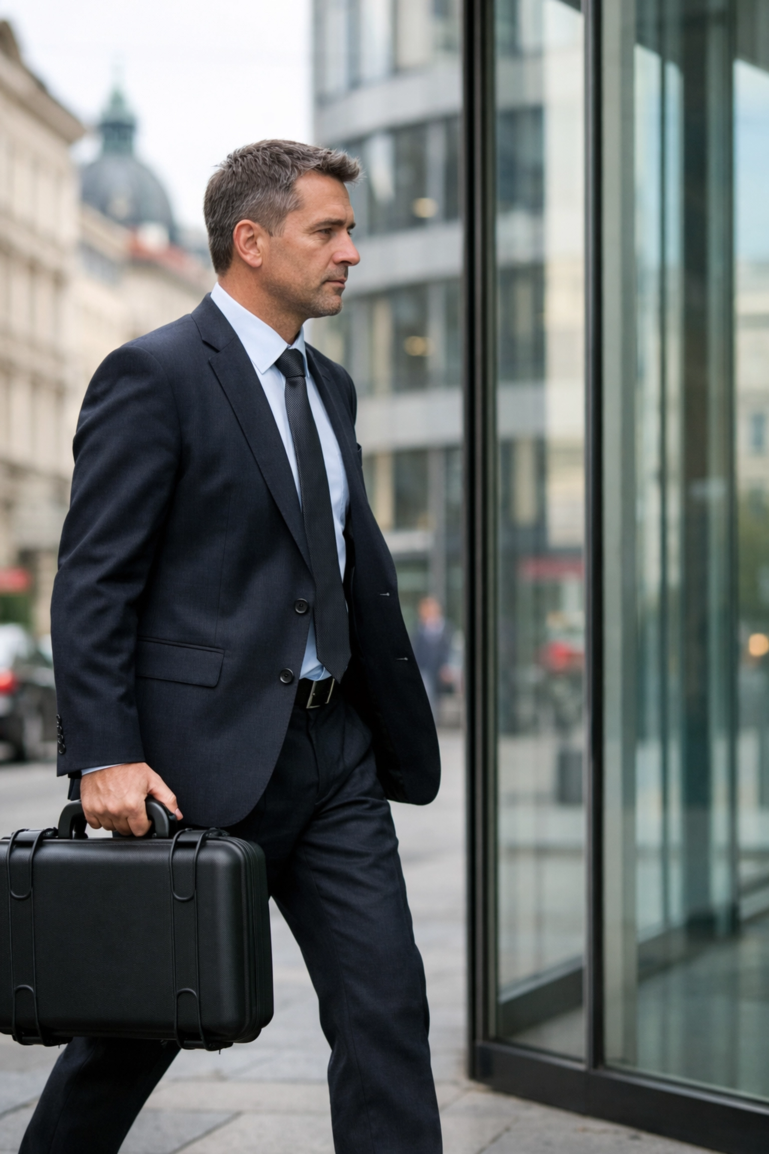 Diskreter Wertschutz durch ein professionelles Sicherheitsunternehmen in Wien: Berater mit Sicherheitskoffer.