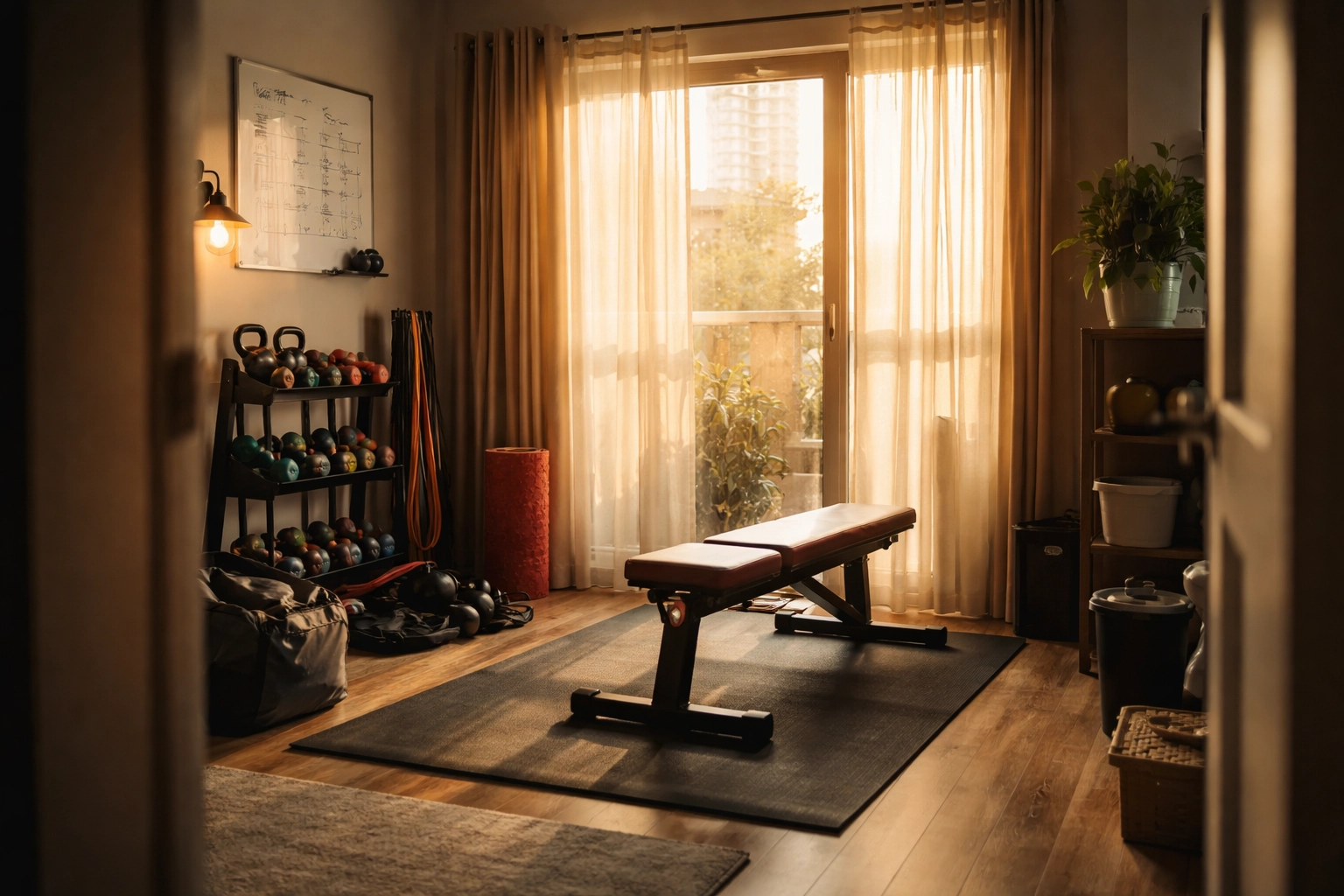 Organized home workout corner in a small apartment, equipped with bands and mats, inspiring consistent CrossFit training at home.