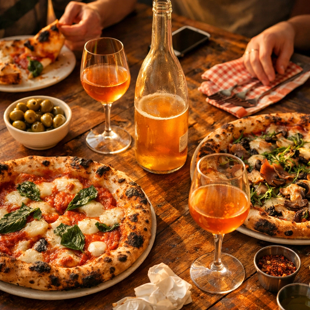 Sourdough pizzas and natural orange wine served on a rustic wooden table at a Montreal pizzeria.