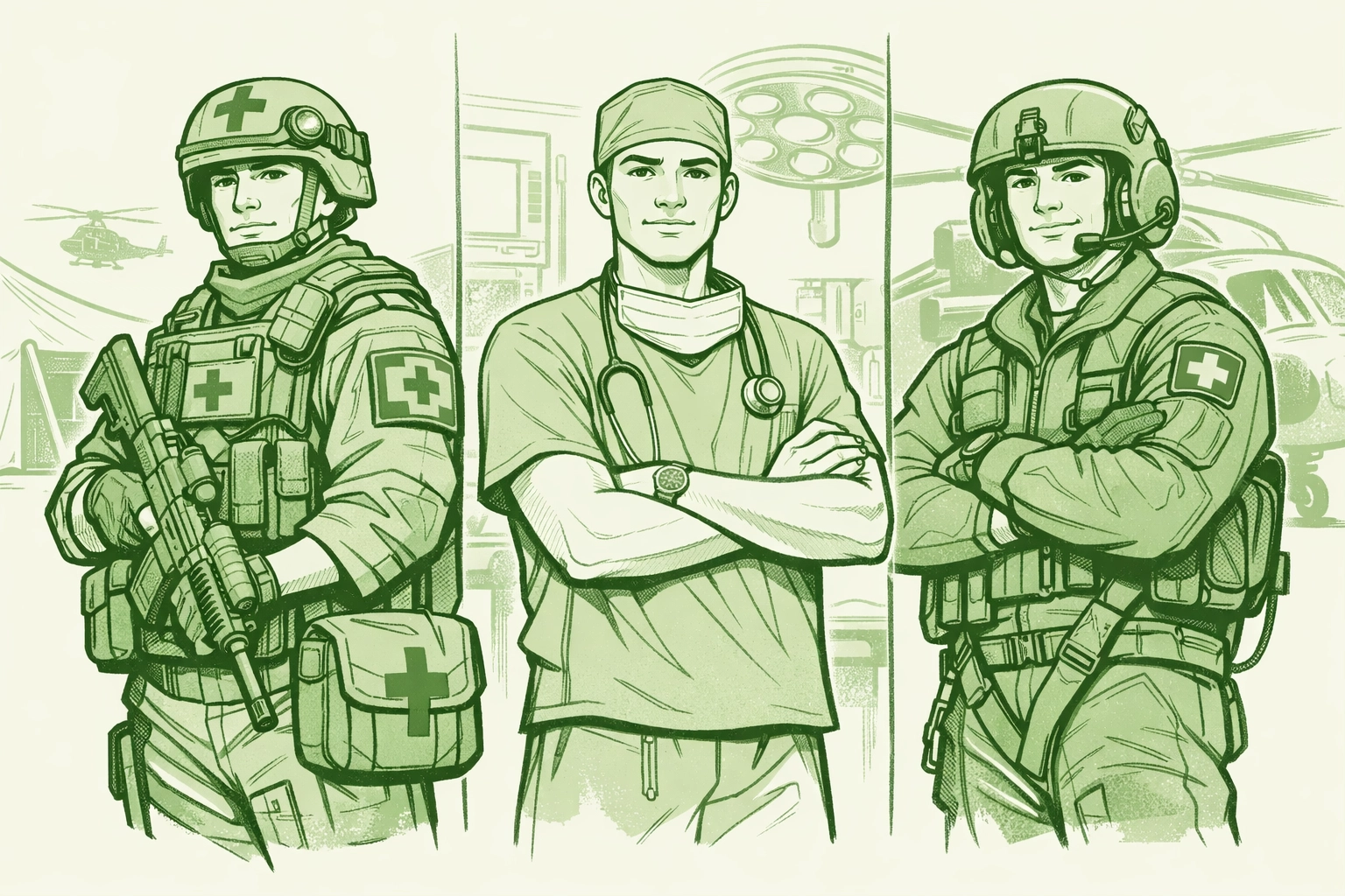 Military medical corps personnel in combat medic, surgical, and evacuation uniforms