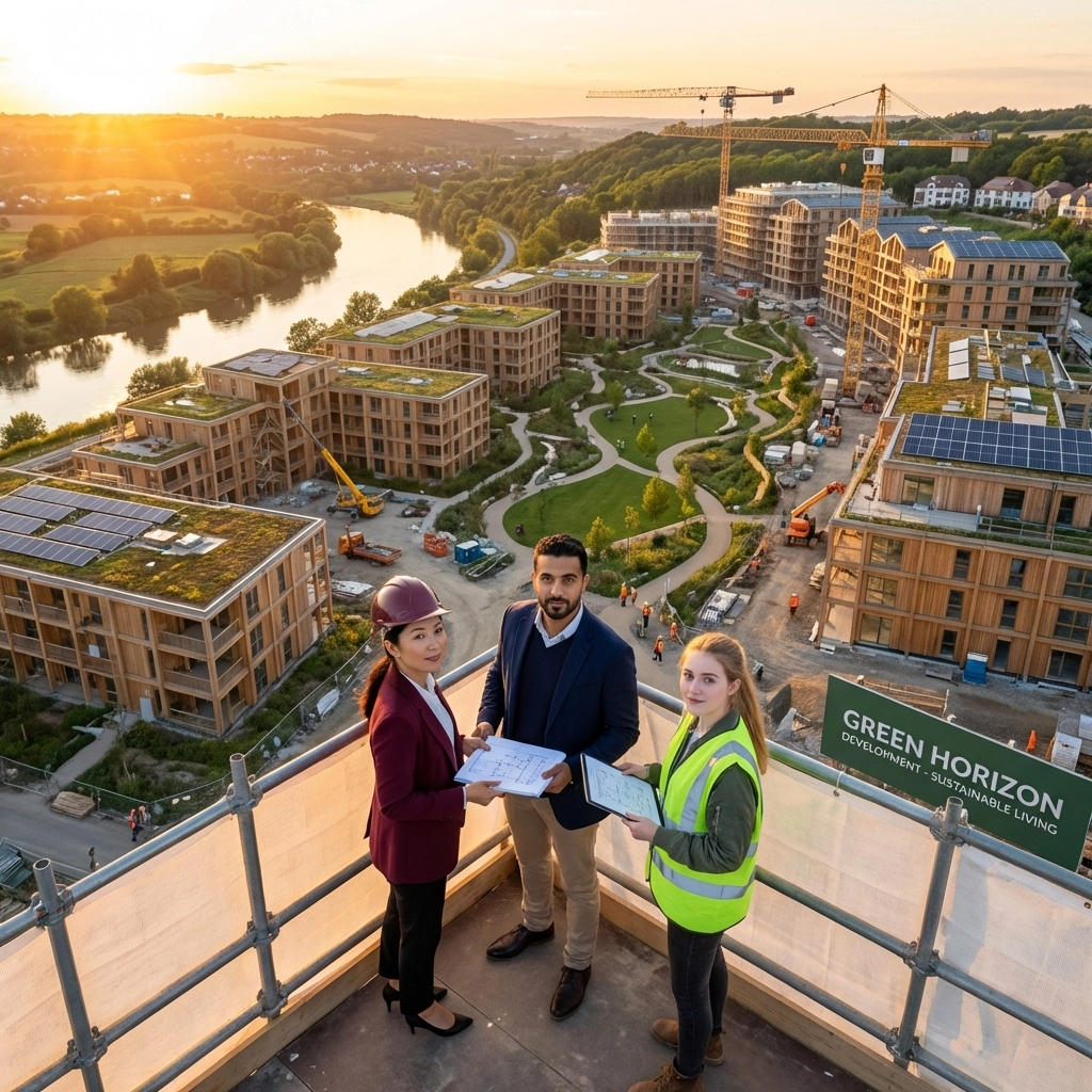 Three people in business attire and safety gear hold plans overlooking a scenic, eco-friendly housing project at sunset. Sign reads "Green Horizon."