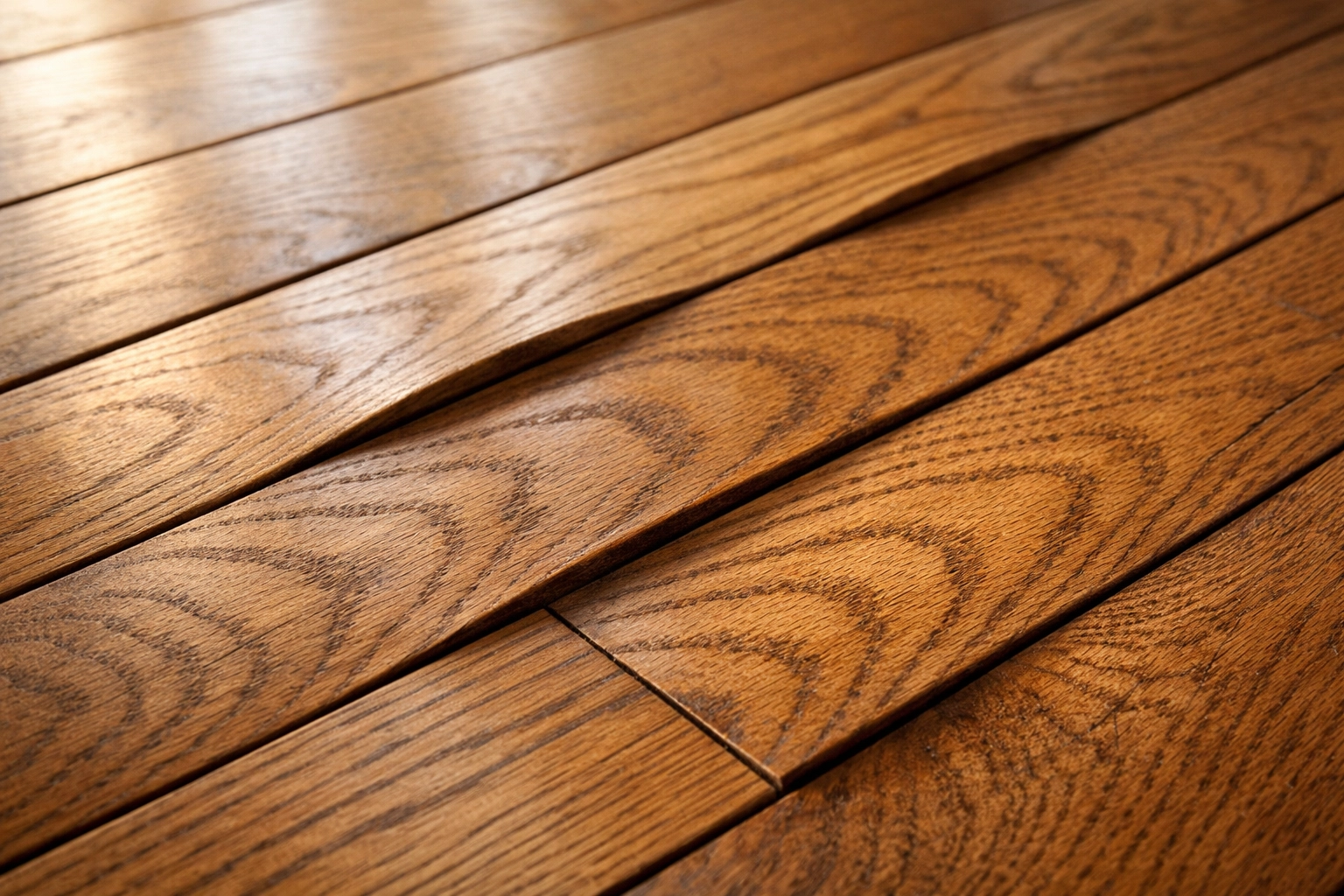 Hardwood floor cupping damage from high humidity showing warped oak planks in Chicago home