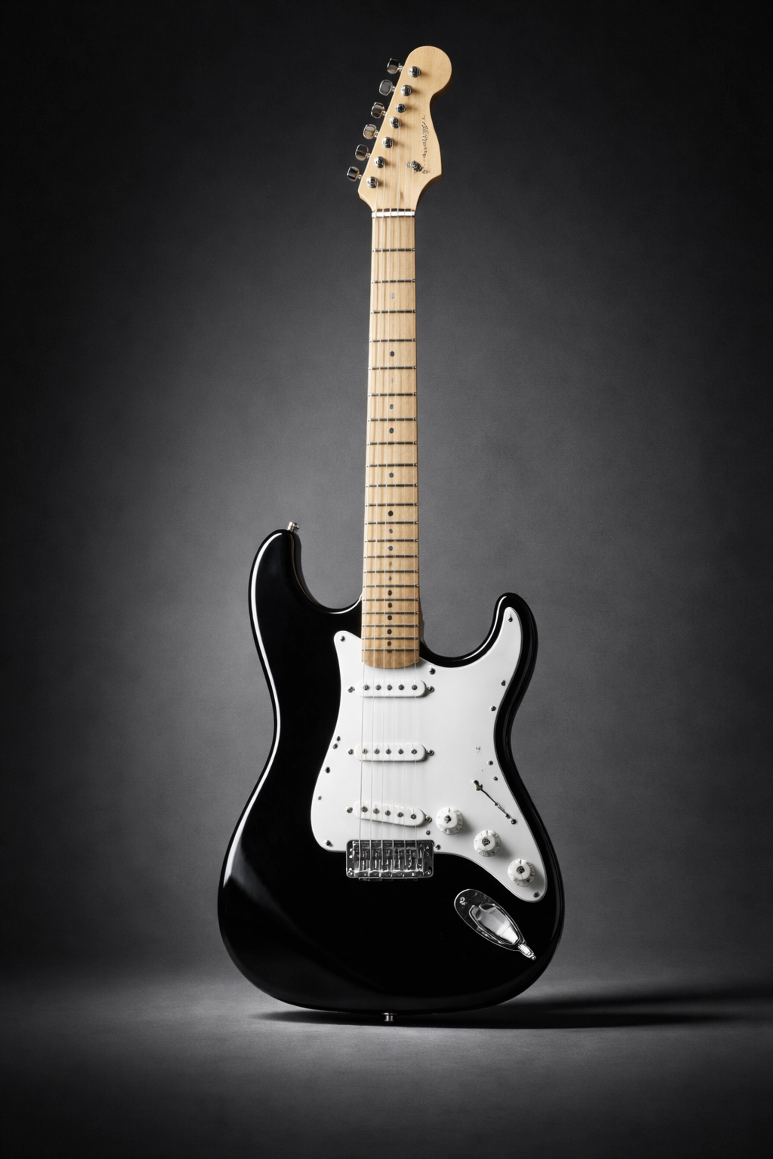 David Gilmour’s iconic black Fender Stratocaster used in Pink Floyd albums, spotlighted in a professional studio photo