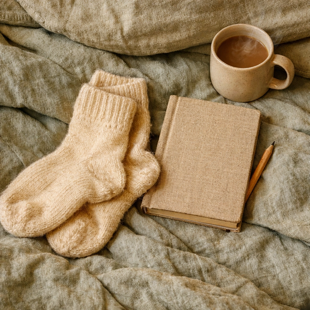 Soft linen sheets and a journal illustrating a deceleration hour to help balance cortisol naturally and improve sleep.