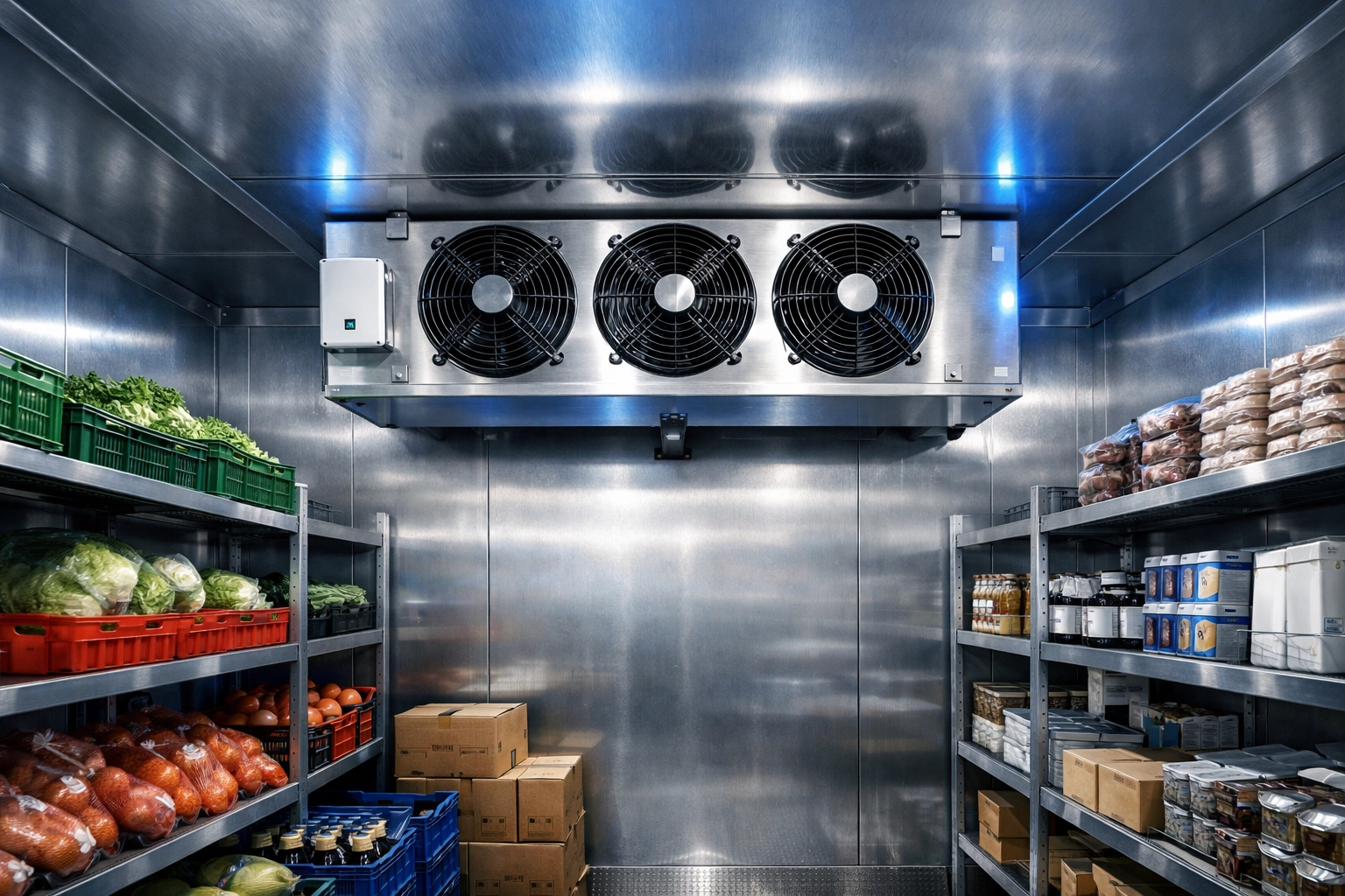 Clean interior of a commercial walk-in cooler with a professionally maintained evaporator coil system.