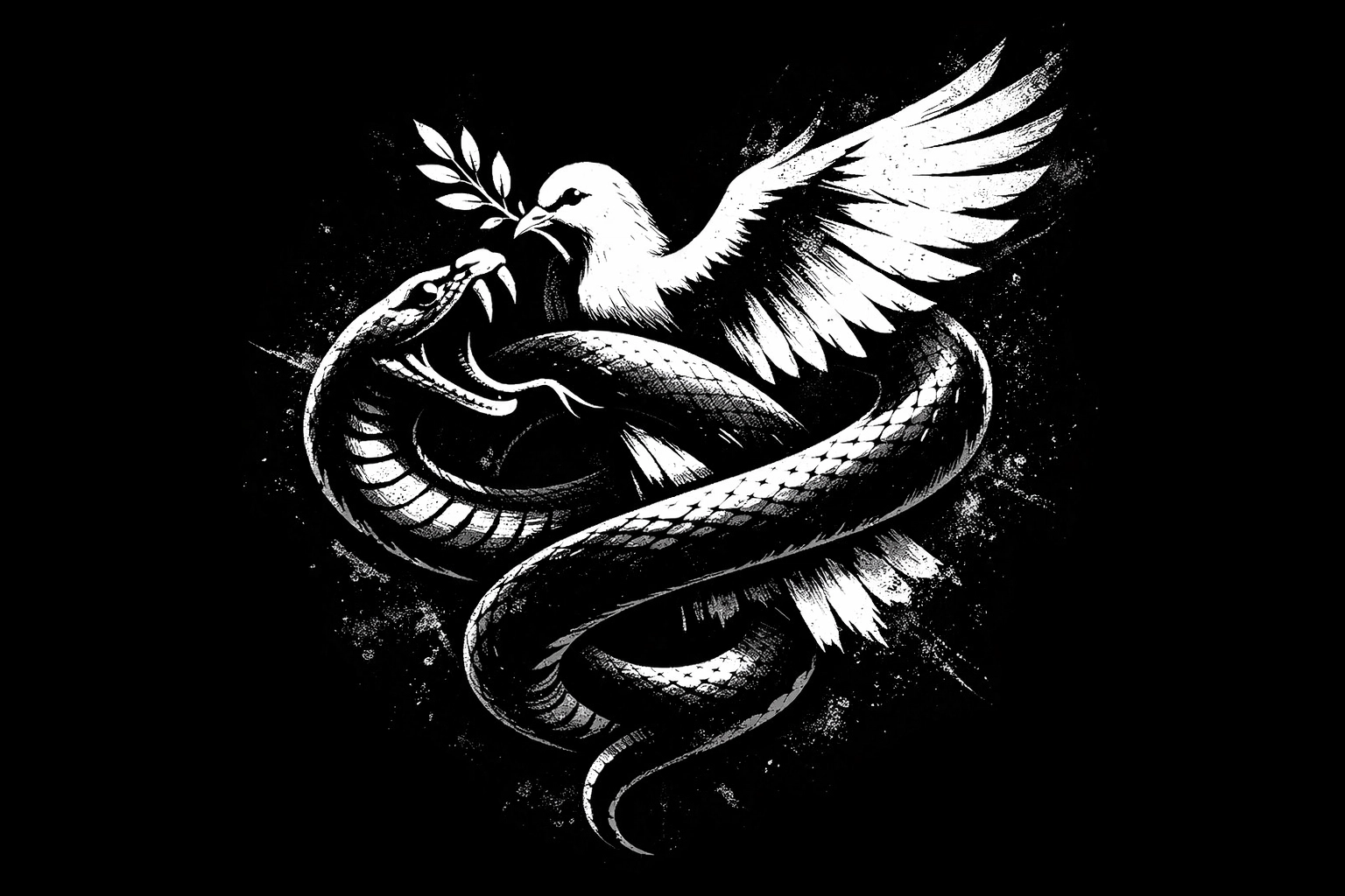 High-contrast artistic graphic of a bold, symbolic snake and dove