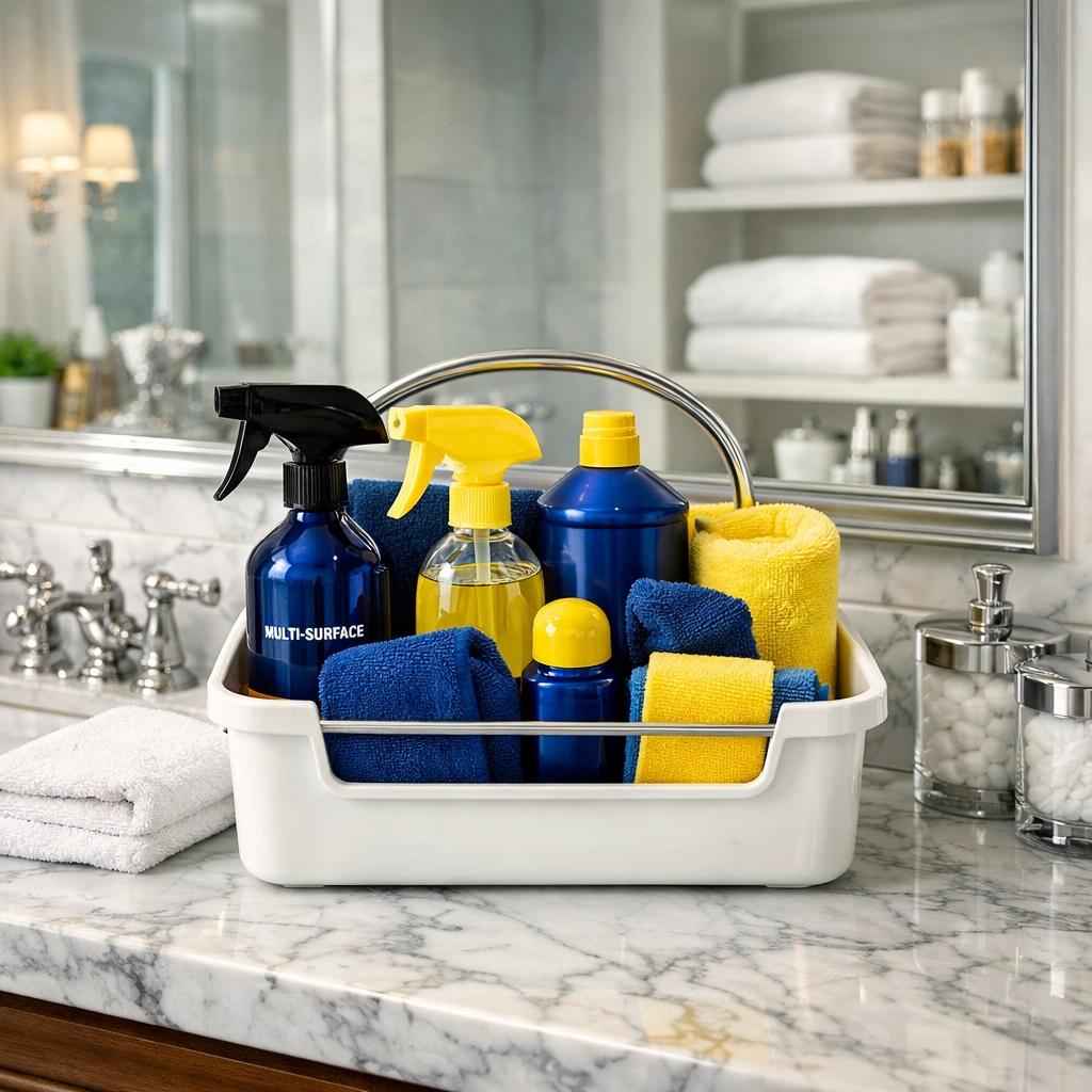 Professional supplies for house cleaning Ashburnham MA on a sparkling marble bathroom vanity.