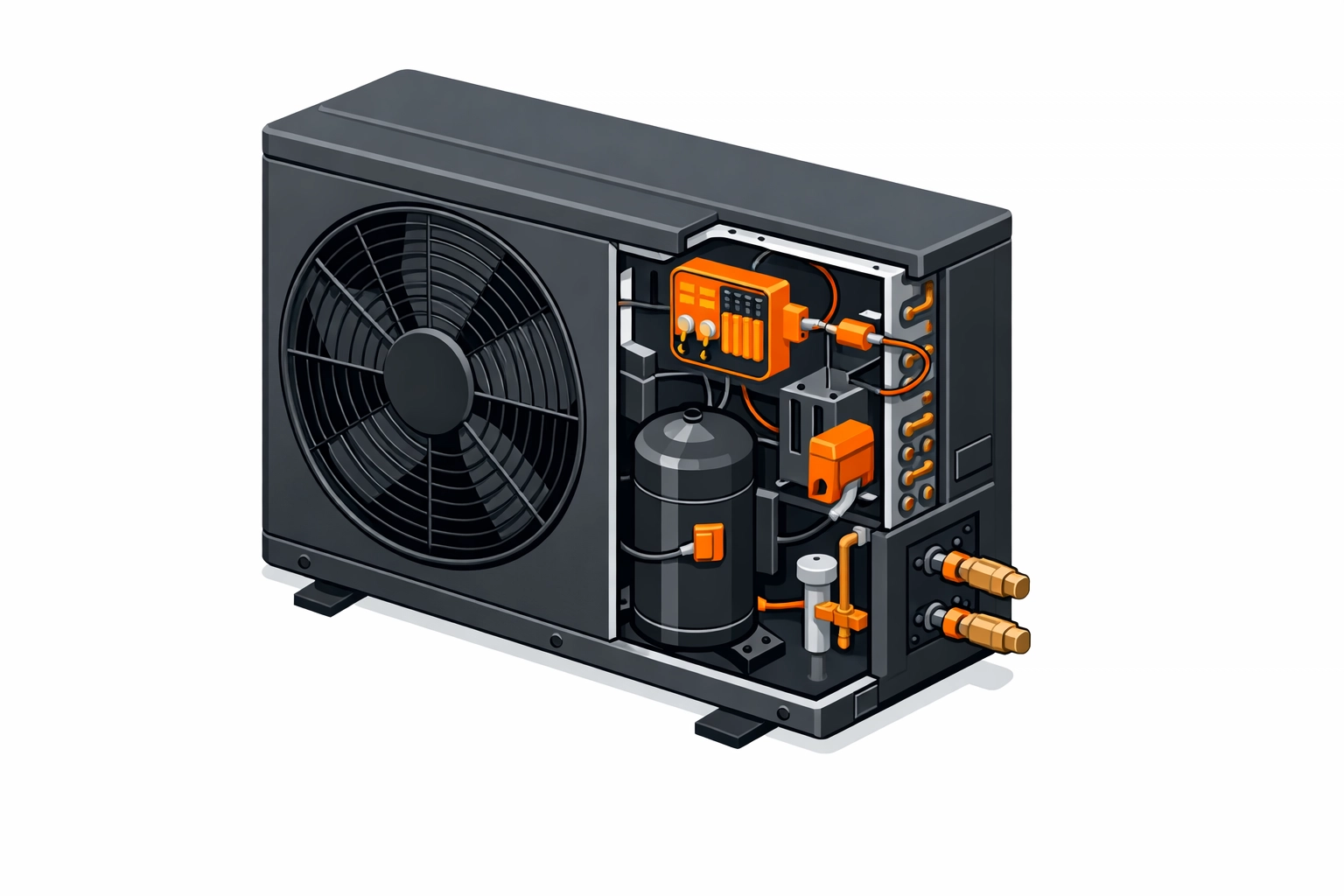 Wärmepumpe Innenansicht mit Kompressor, Sensoren und elektrischen Komponenten