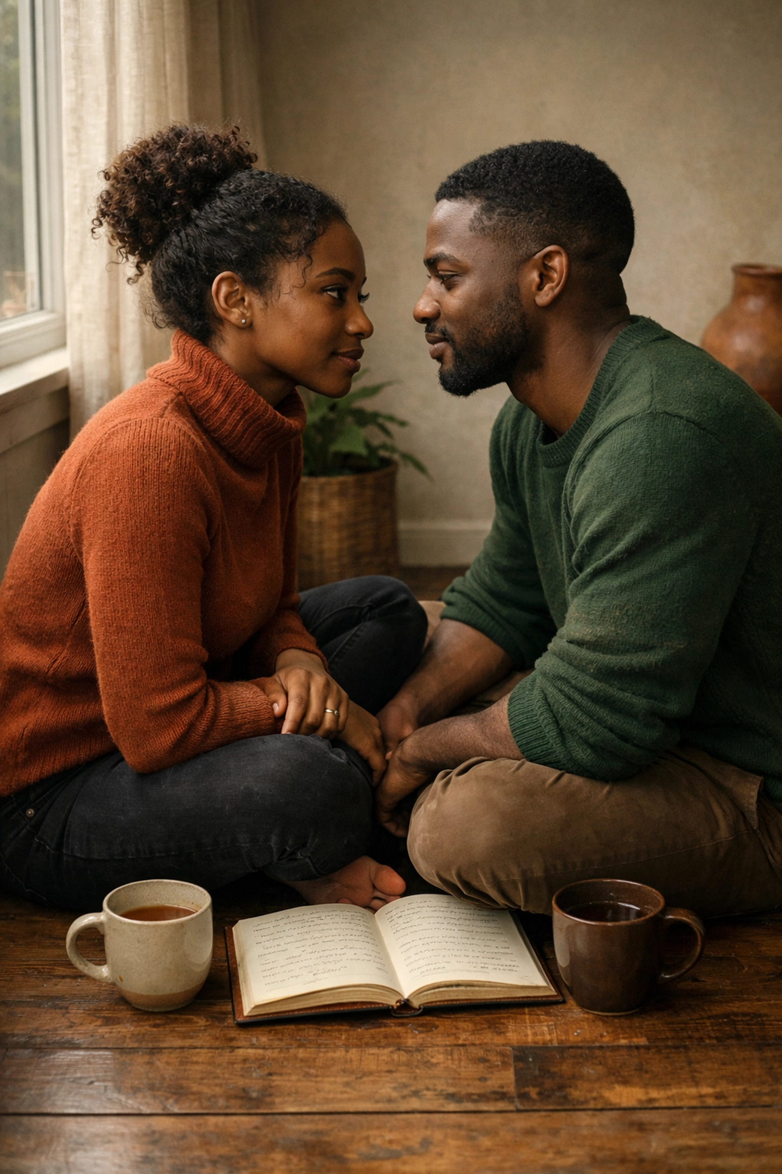 Black couple in relationship coaching session practicing vulnerable communication
