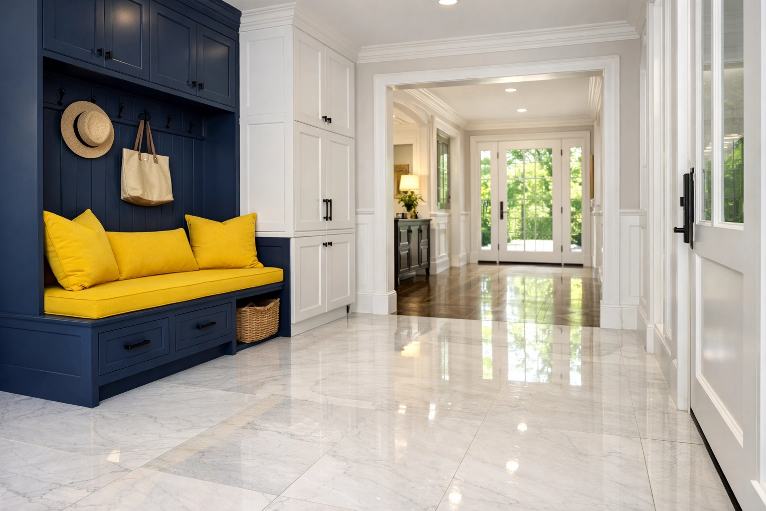 Pristine marble entryway in a Sherborn estate, highlighting Sherborn luxury cleaning secrets for dust-free homes.