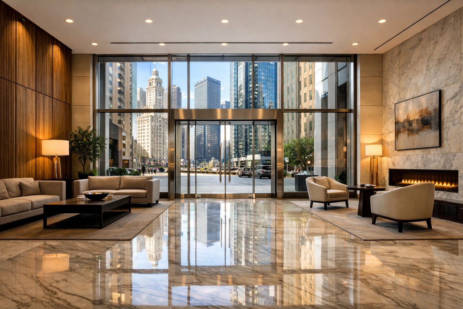 Meticulously maintained Chicago residential lobby with polished marble floors and clean glass entrance.