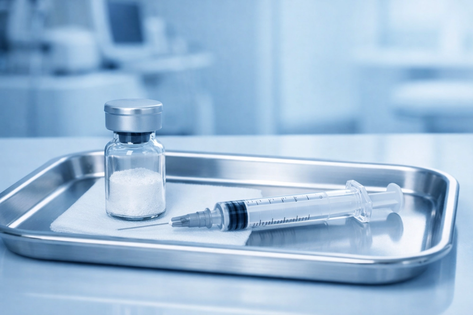 Lyophilized peptide vial and syringe on a sterile tray in a modern clinic setting with cool blue overlay.
