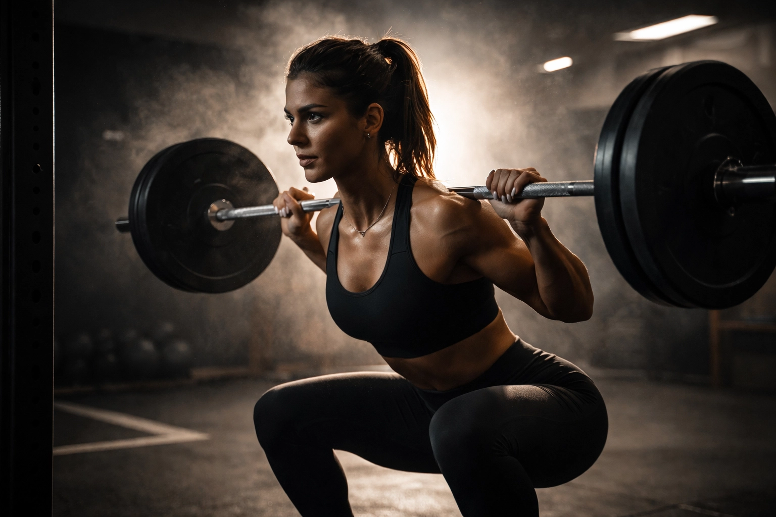 Woman performing heavy barbell squat in private training studio, emphasizing glute strength and compound movements
