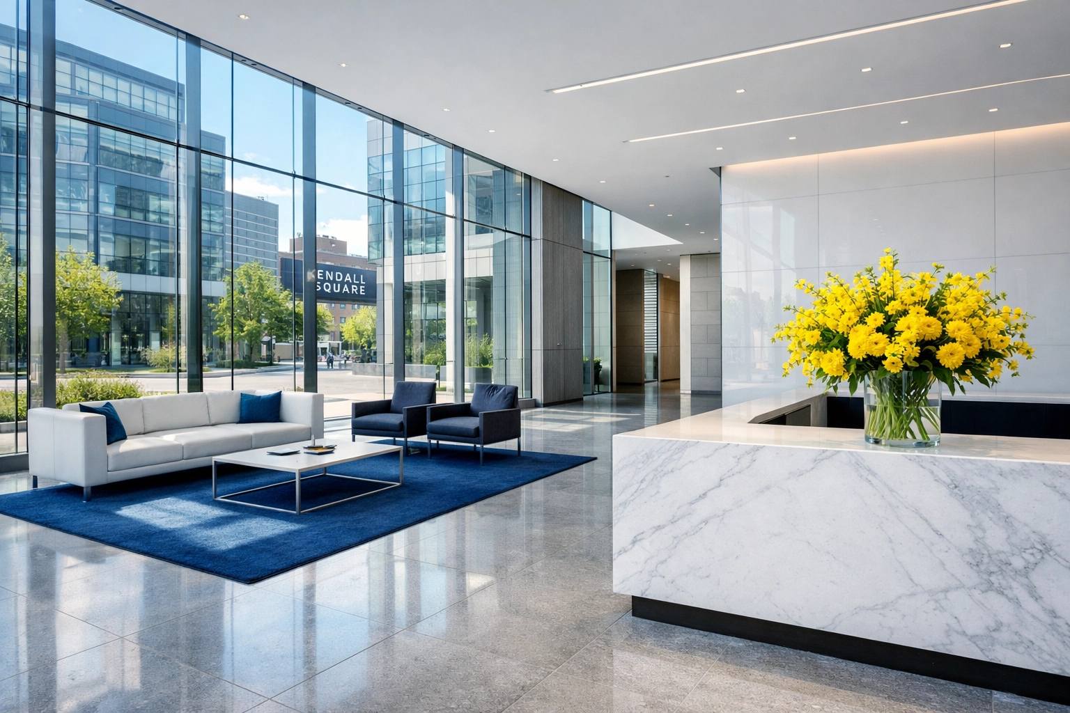 Spotless high-end commercial lobby in Kendall Square Cambridge with polished stone floors.