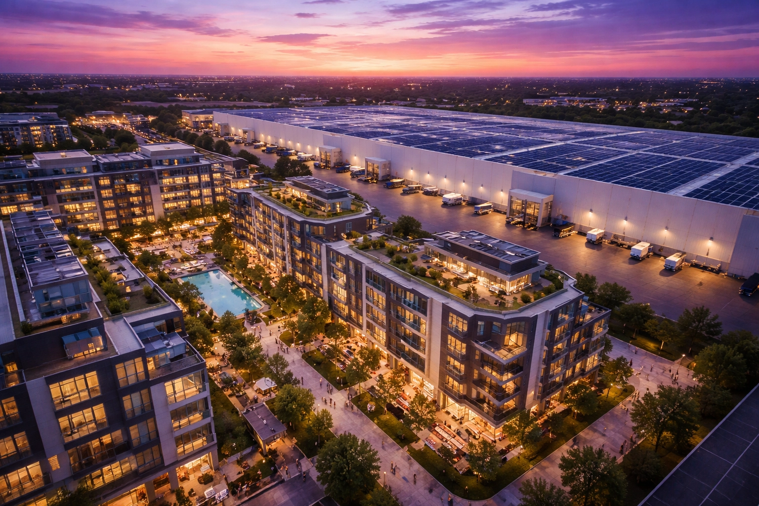 Twilight view of a modern real estate development featuring multifamily apartments and logistics facilities
