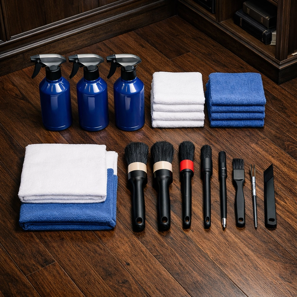 Organized professional house cleaning supplies and microfiber cloths ready for a ninja-fast service.