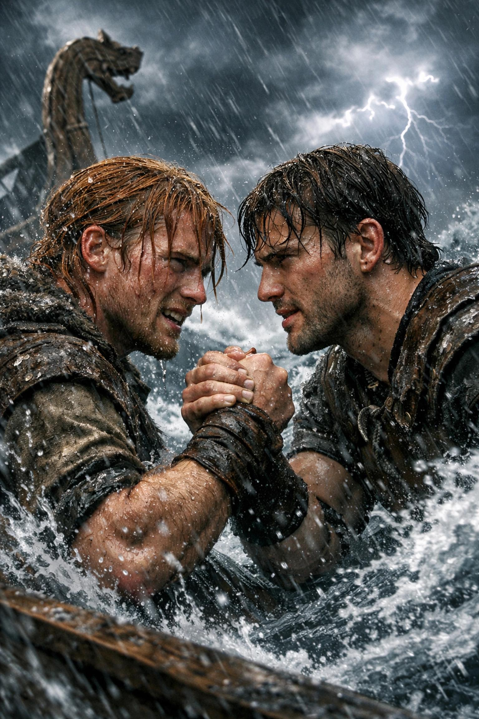 Viking warriors Eirik and Bjorn holding onto each other during a North Sea storm on their longship
