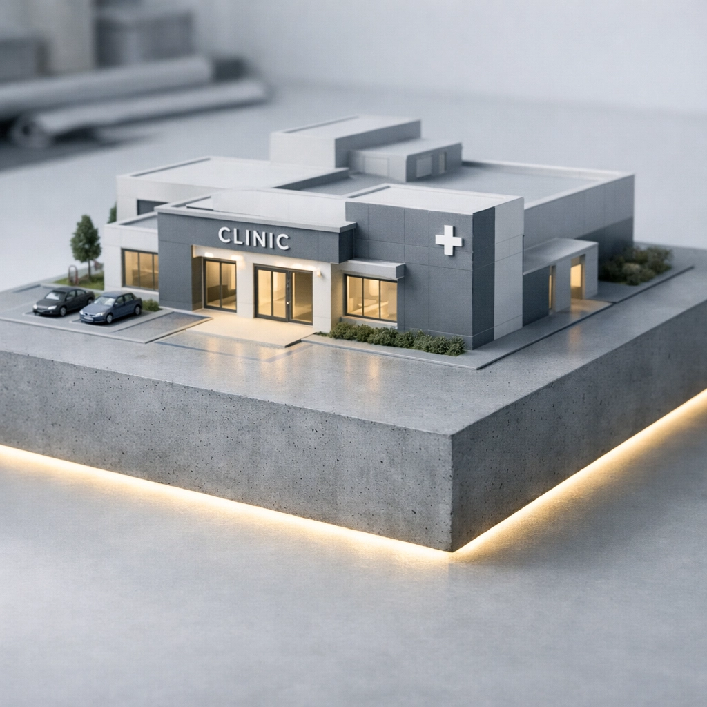 Minimalist architectural model of a chiropractic clinic showing a strong foundation for SEO dominance.