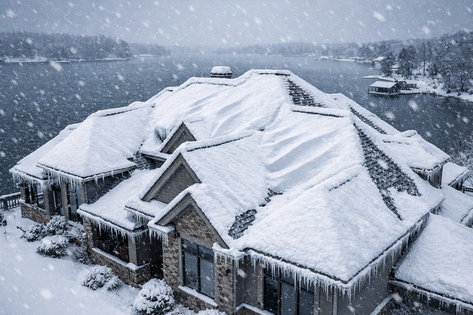 Lake Norman waterfront home roof covered in heavy snow during 2026 winter storm