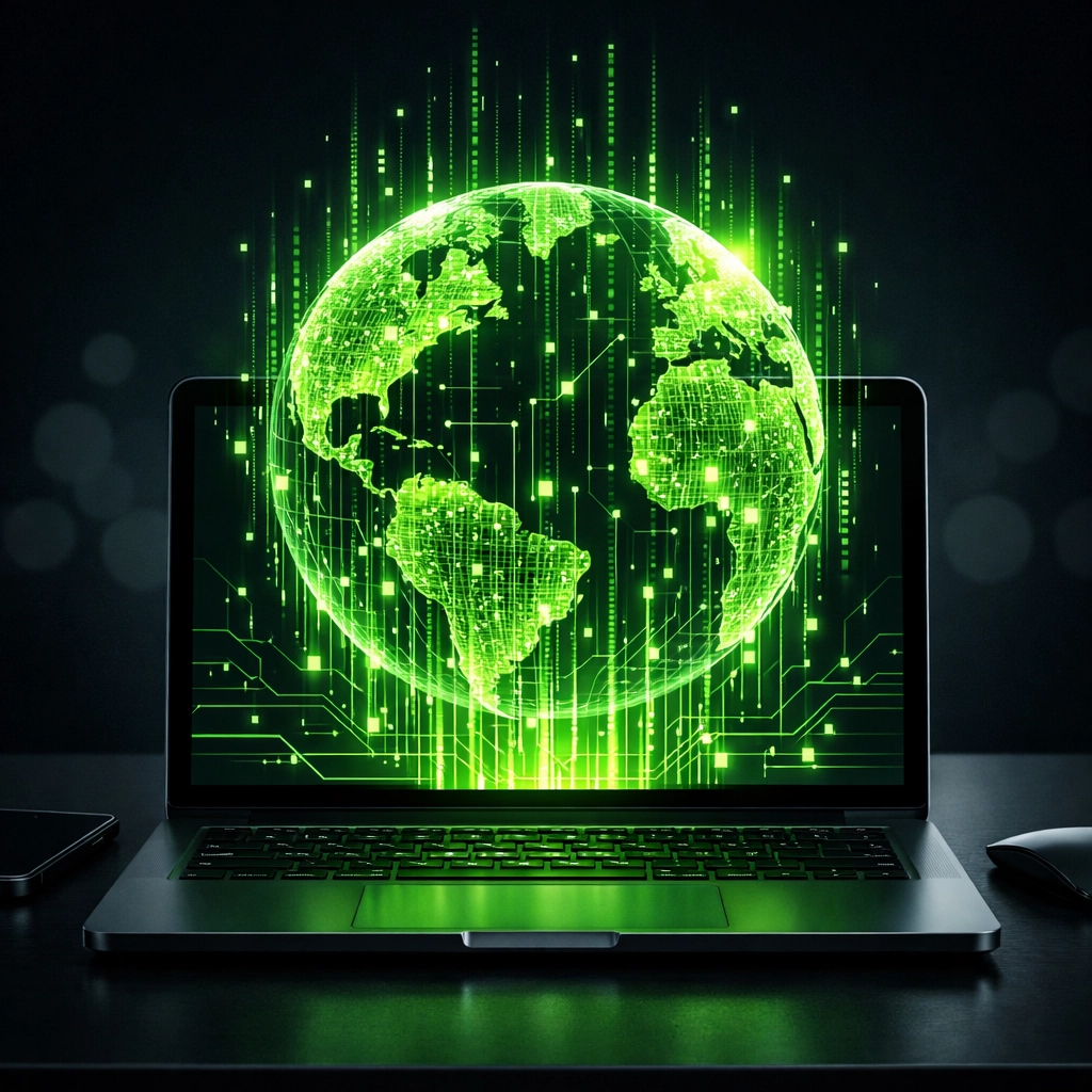 Digital globe on laptop screen representing global training and the Amerishop business mission.