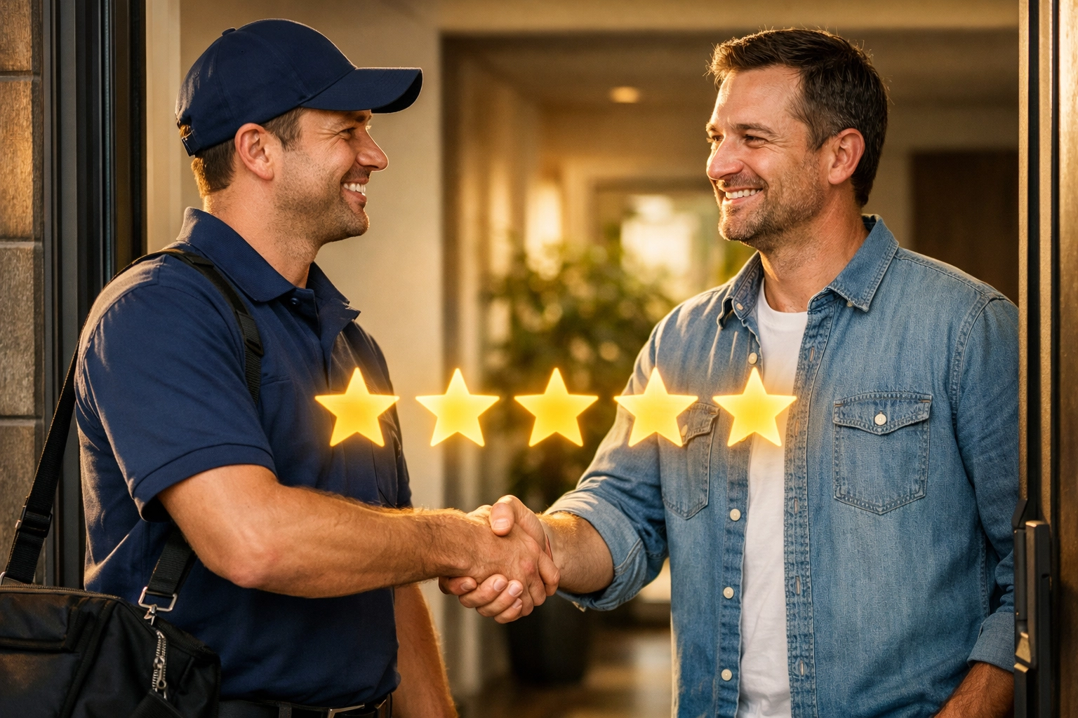 Happy customer giving five-star reviews to a local service professional.