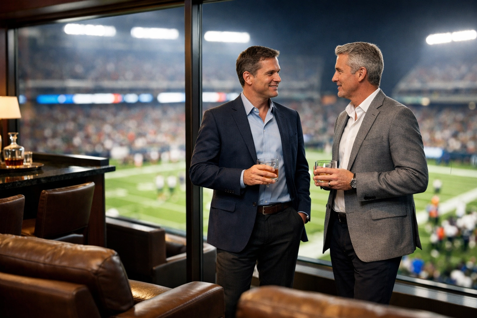 Executives networking in a luxury Super Bowl stadium suite to close million-dollar deals.