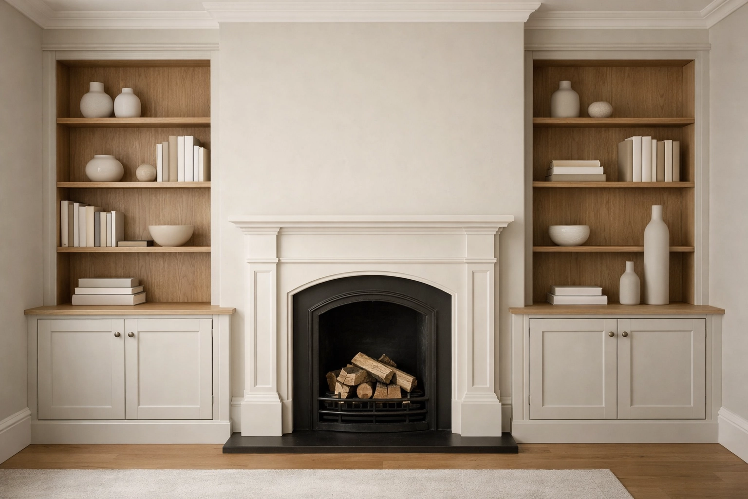 Symmetrical bespoke alcove shelving and storage units for a bedroom in Derby.
