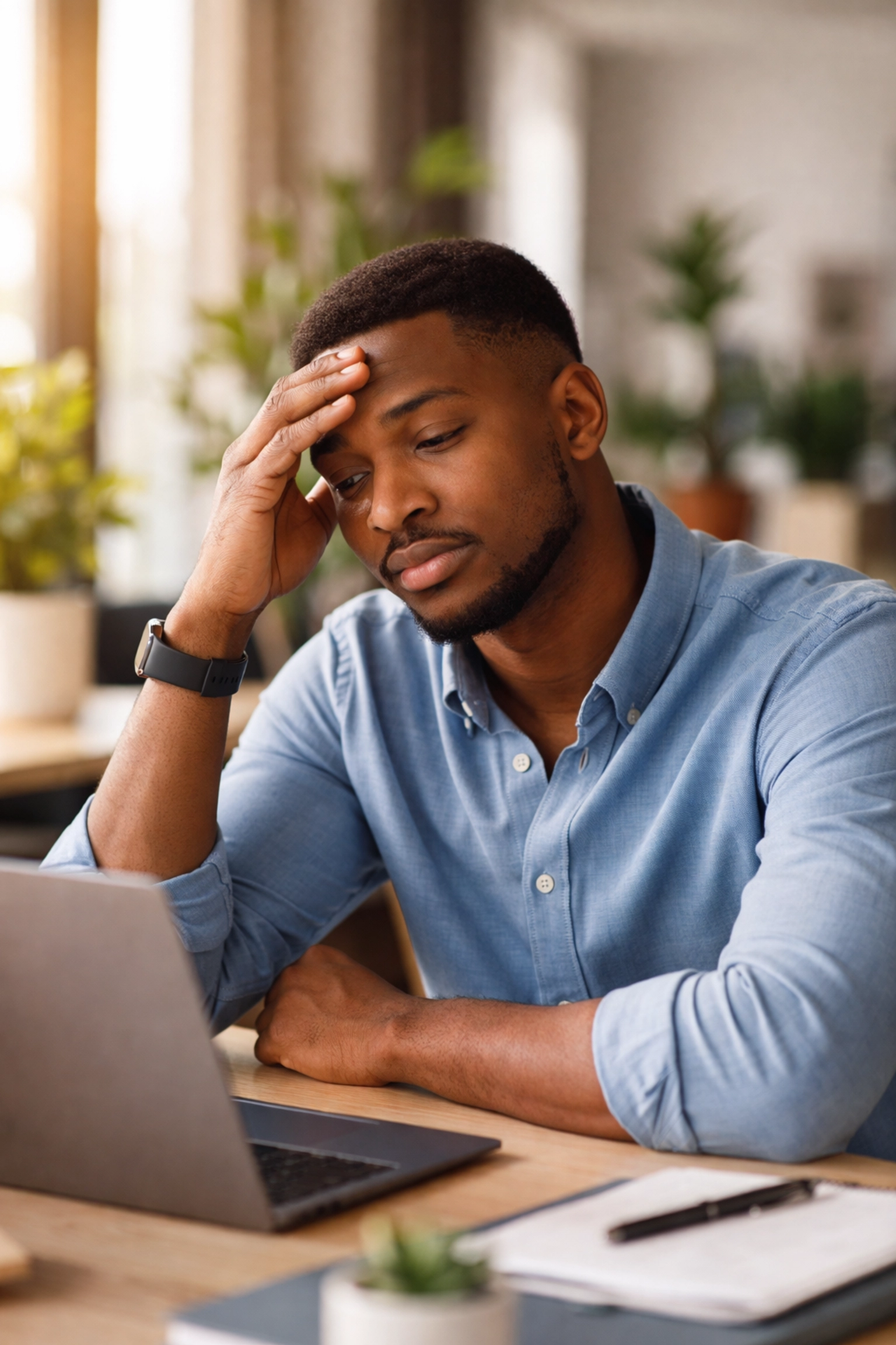 Man experiencing afternoon energy slump at his office desk during the midday dip