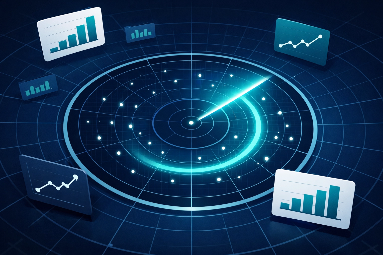 Digital radar monitoring dashboard tracking real-time AI crawler activity and visibility metrics.