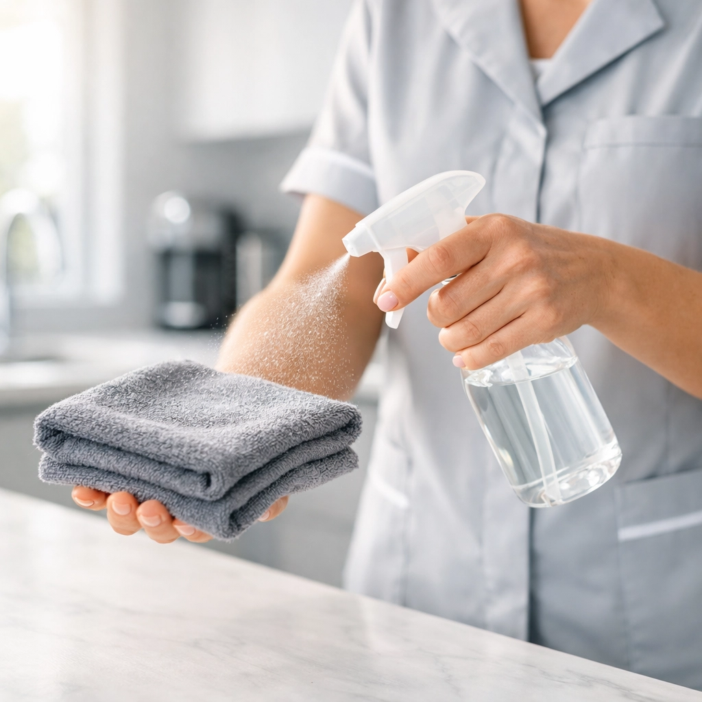 Professional cleaner applying product to a microfiber cloth for an efficient apartment turnover.