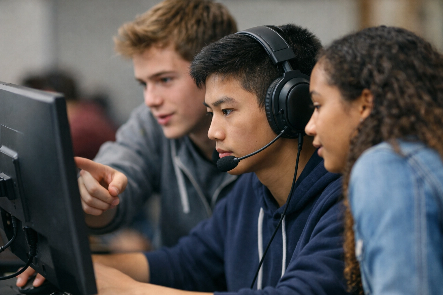 High school students collaborating at an esports station to build STEM skills and workforce readiness.