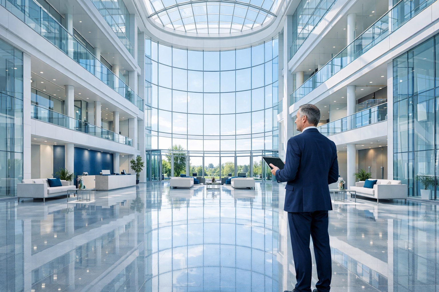 Facilities manager inspecting a clean, modern corporate atrium in Central Scotland with pristine marble floors.