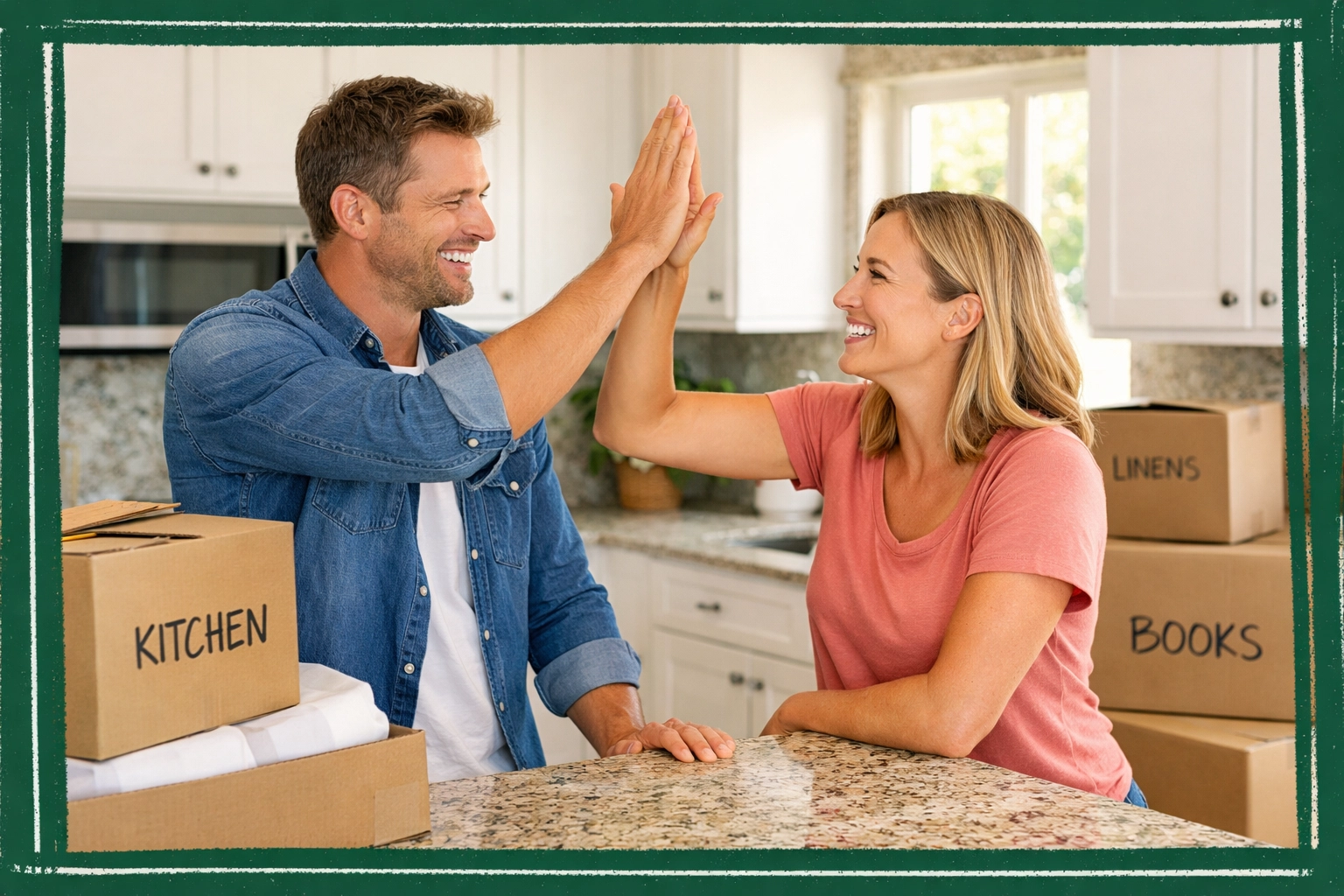 Homeowners celebrating a stress-free move to their new house in a sunlit Connecticut kitchen.