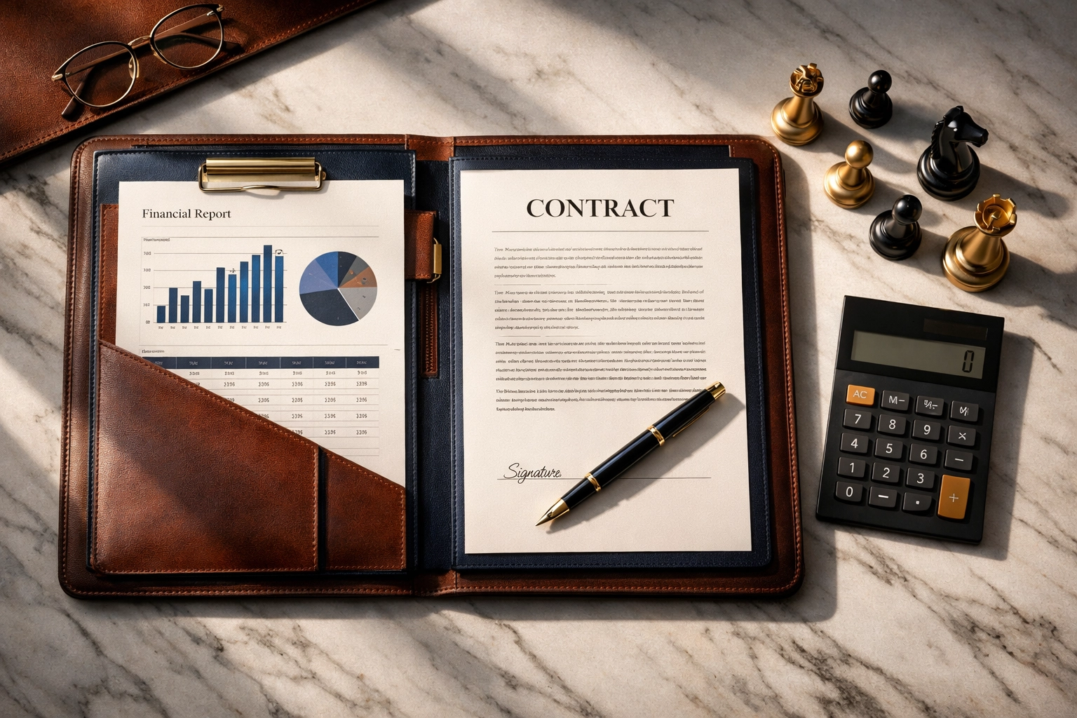 Investment planning desk with financial documents and chess pieces showing strategic decision-making