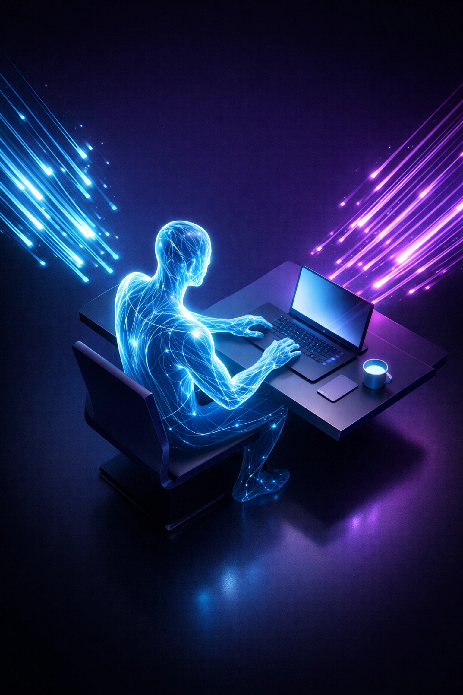 Digital AI receptionist at a minimalist desk managing 24/7 customer calls with neon light.