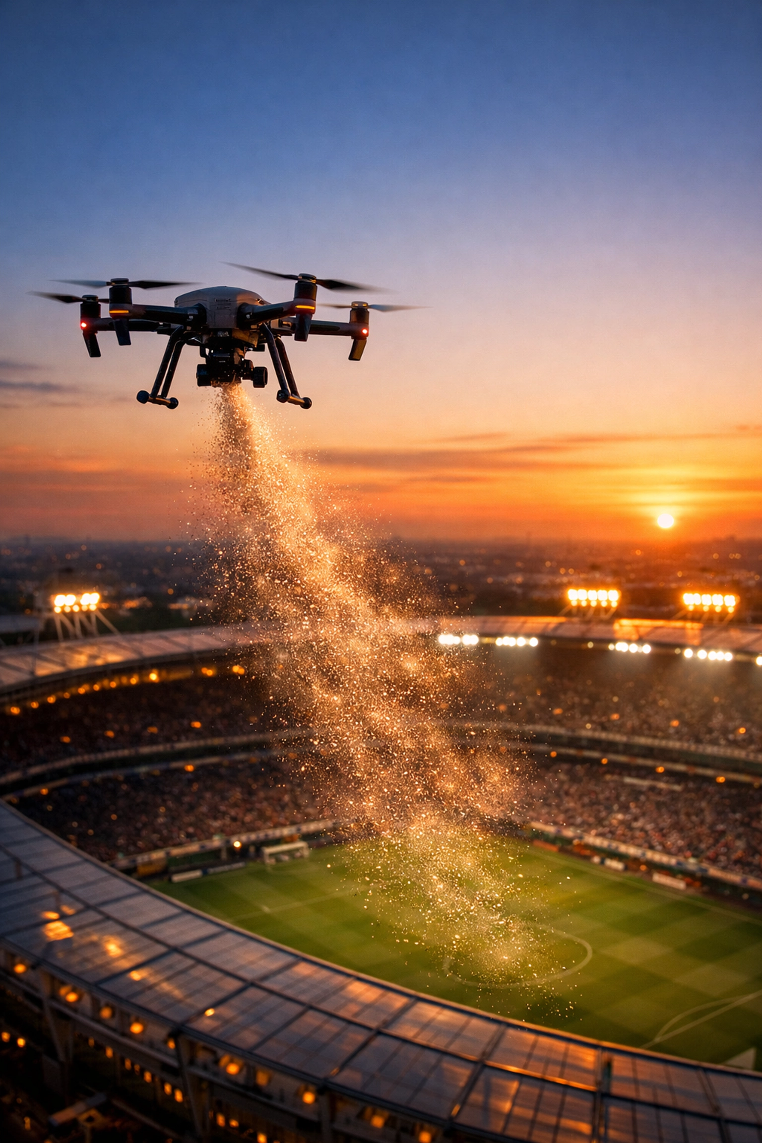 Dignified aerial ash scattering by drone over a football stadium skyline during a sunset memorial tribute.