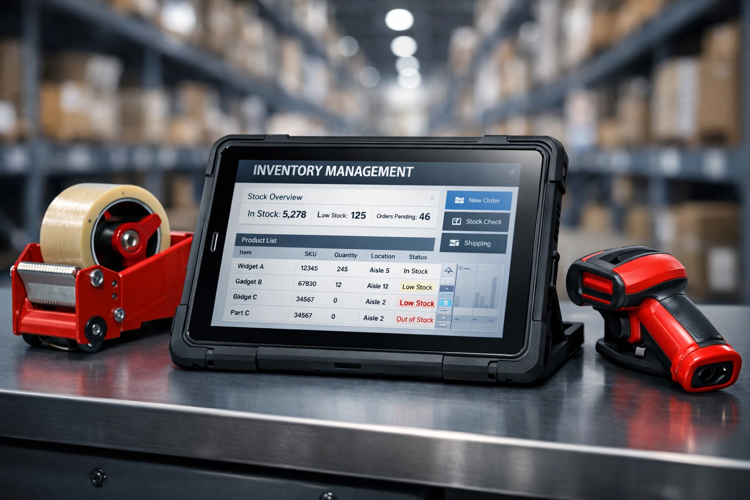 Inventory management tablet and scanner in a professional Hertford storage facility distribution hub.