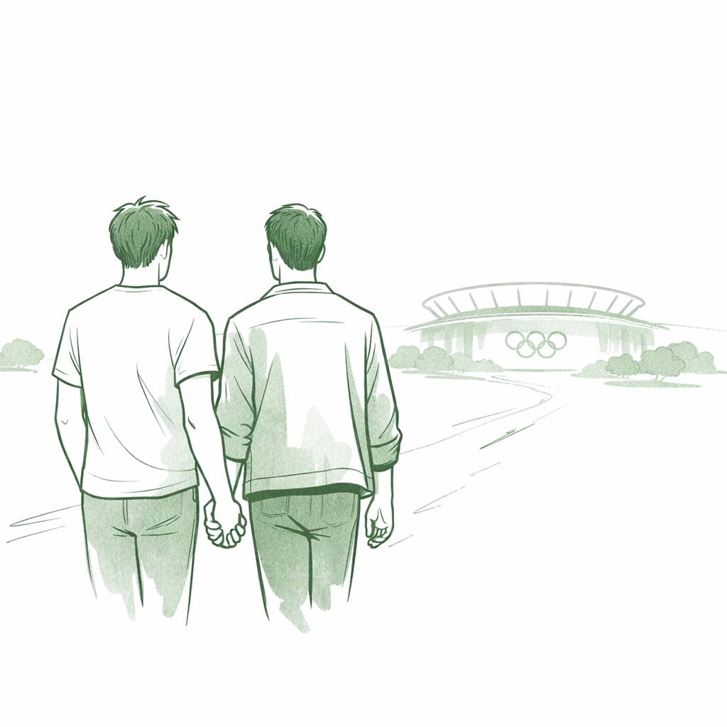 Gay couple walking toward a stadium in a minimalist illustration for a contemporary MM romance.