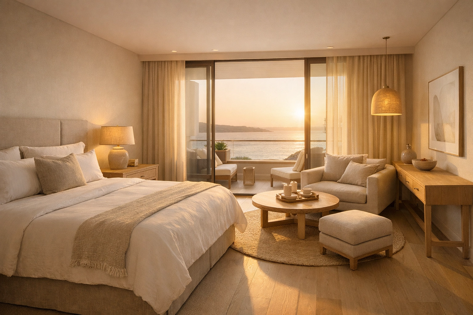 Pristine hotel suite showcasing the results of integrated housekeeping software for hotels.