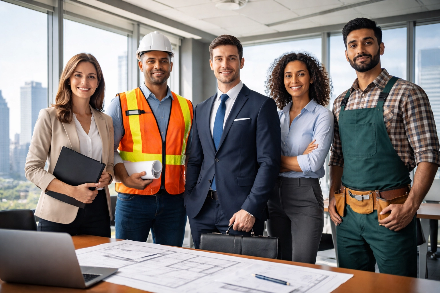 Diverse real estate investment professionals collaborating at a modern conference table, showcasing the power team concept