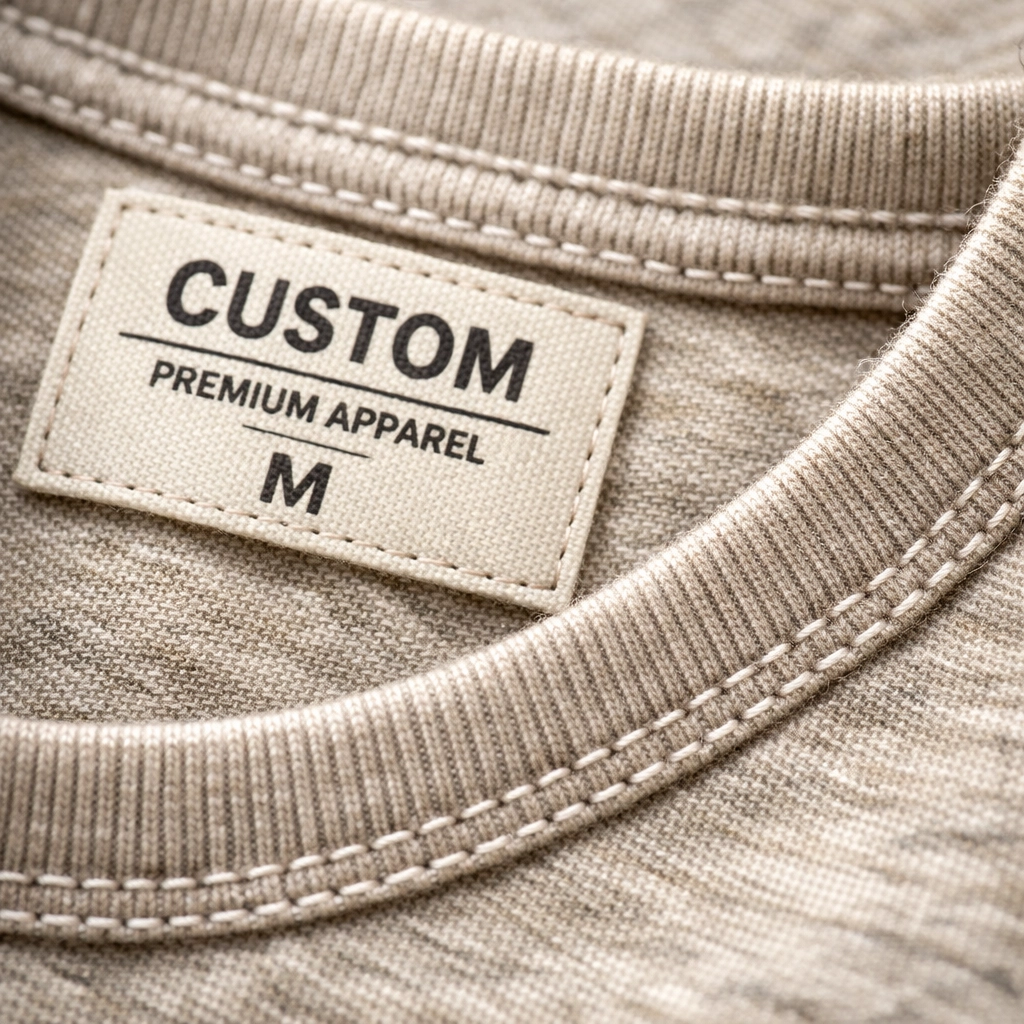 Close-up of professional double-stitching and custom tags on a high-quality sports shirt.