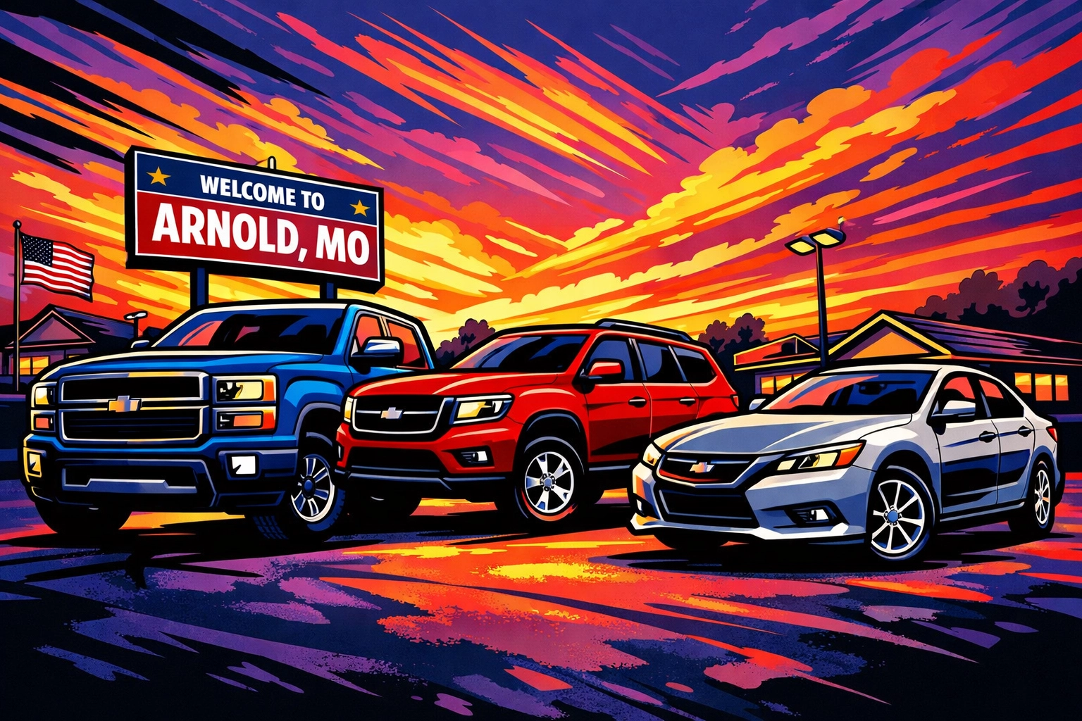 Diverse used car inventory including trucks and SUVs at an Arnold MO local car lot.